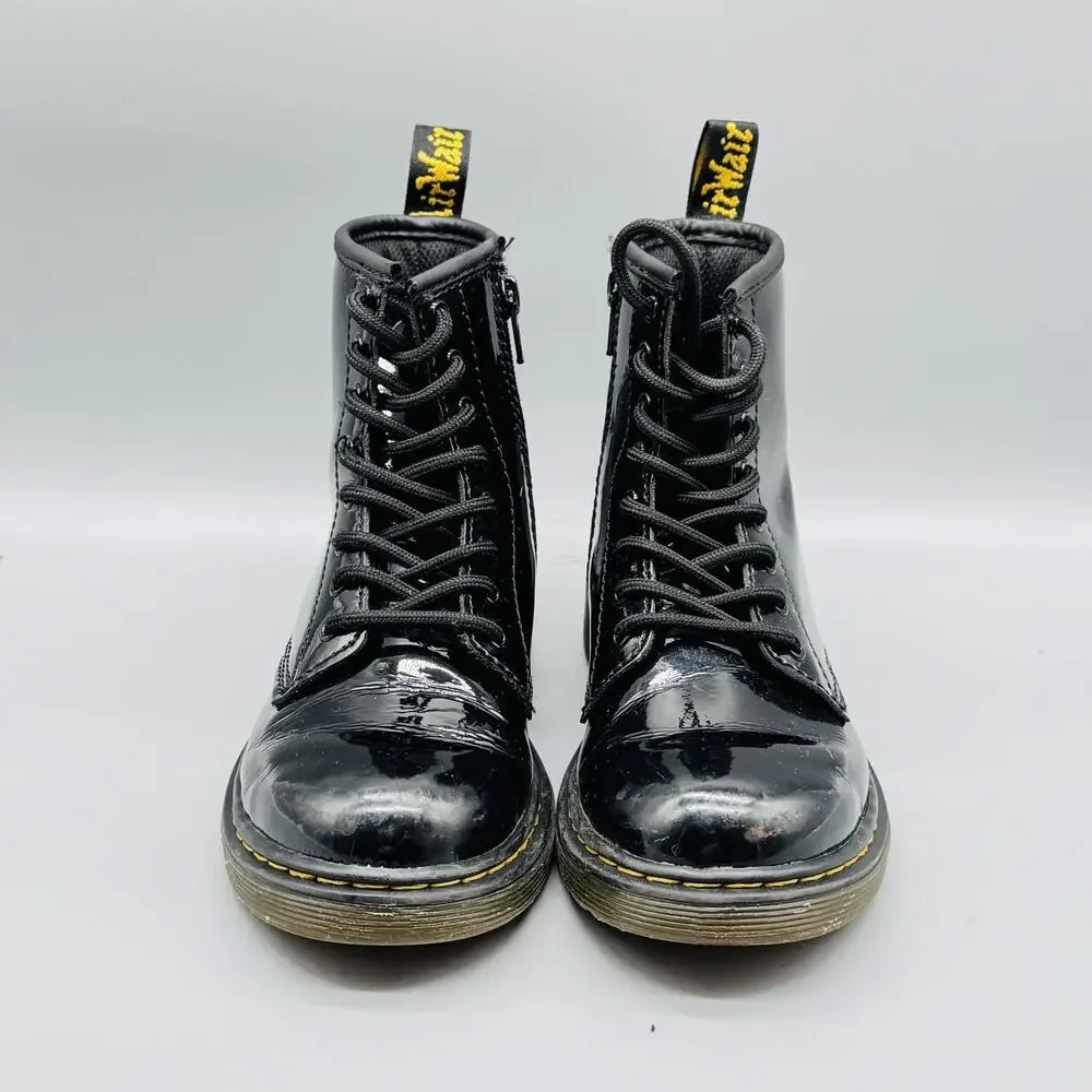 Dr Martens Boots Kids 2 Black Patent Leather 1460 Combat Lace Up Side Zip Youth